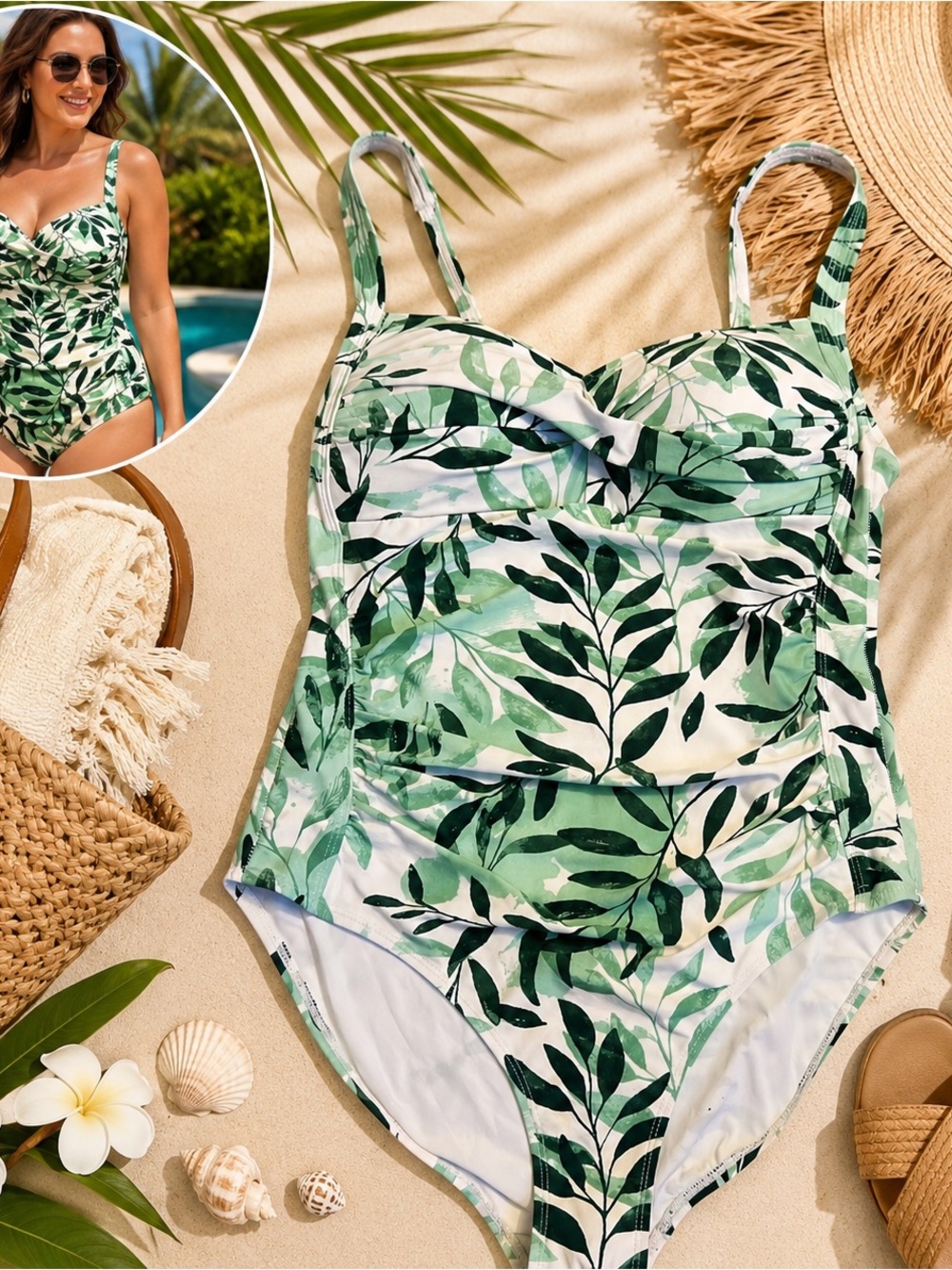 Niptuck One Piece Swimsuit Womens 12 Green Tropical Leaf Print Tummy Control